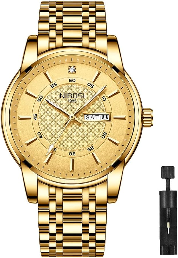 Amazon | NIBOSI腕時計 メンズ クラシック ゴールド ステンレス